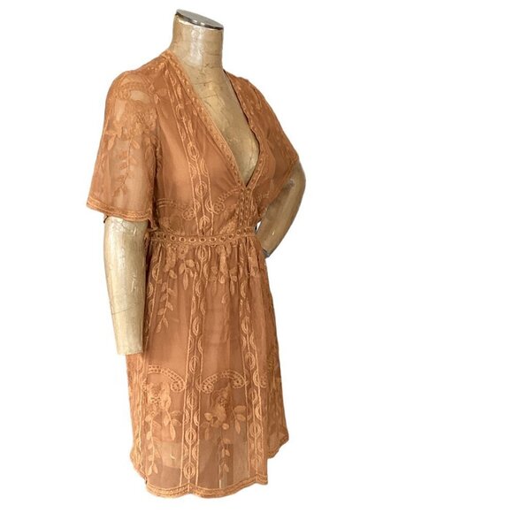 Haute Monde Boho Dreams Floral Embroidered Lace Dress Short Sleeve V-Neck S 272E - Picture 4 of 11